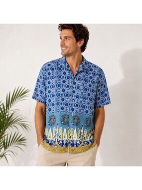 FlipBox Hawaiian Shirt Mens L Blue Geometric Dragon Print Button Front